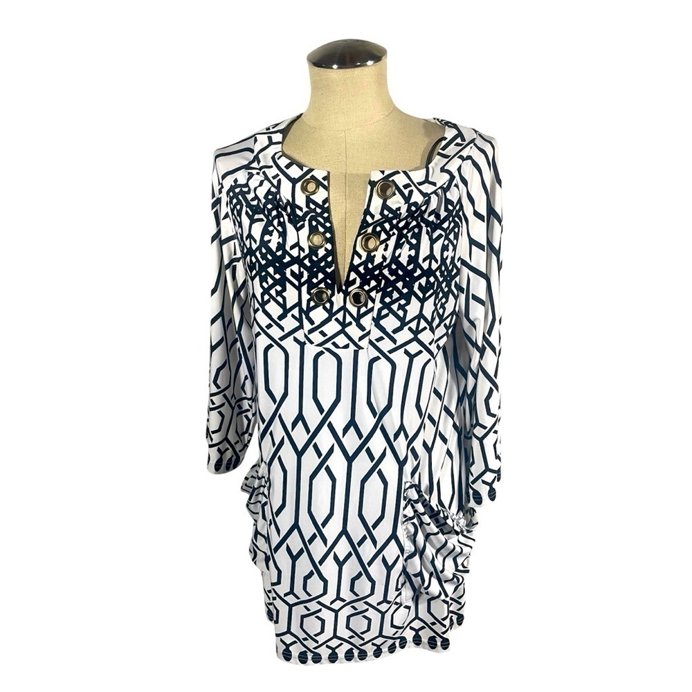 Saint Tropez West Black & White Geometric Stretchy Top w Pockets Size Small